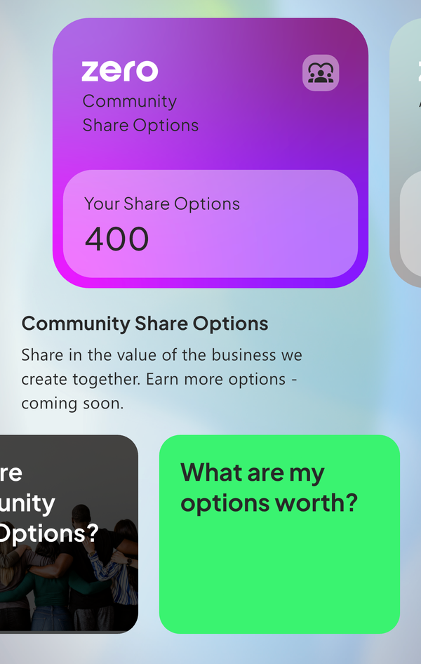 Community share options on the homepage of the Zero app.